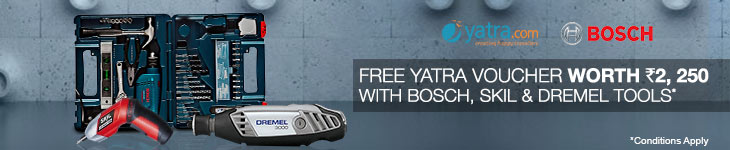 Free Yatra. com Flights Voucher worth Rs 2,250 with Bosch, Skil and Dremel Tools Free Yatra. com Flights Voucher worth Rs 2,250 with Bosch, Skil and Dremel Tools